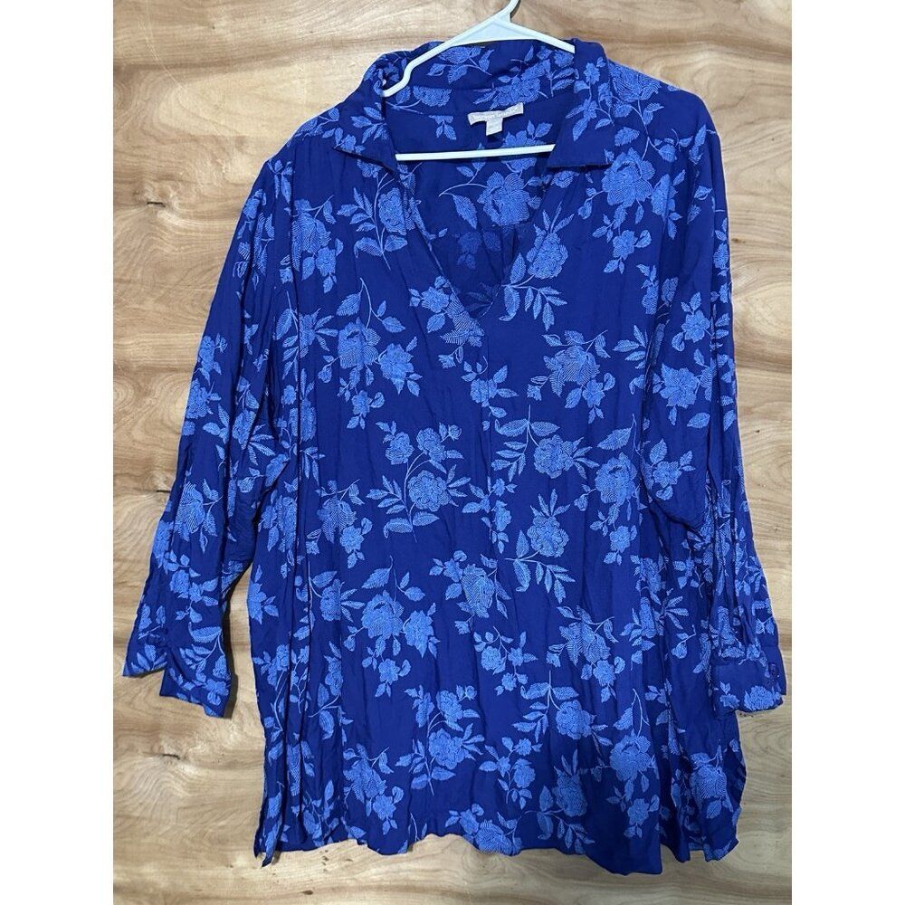 Woman Within 2X Peasant Blouse Blue Floral Boho Long  Sleeves 26/28